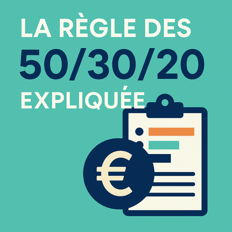Miniature article règle des 50/30/20 : méthode budgétaire visuelle avec chiffres et euro sur fond turquoise