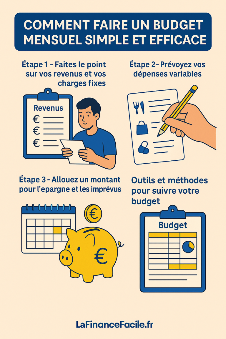 Infographie étapes pour faire un budget mensuel simple et efficace : revenus, dépenses variables, épargne et outils de suivi